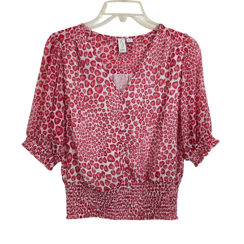 Joie Strawberry Print Blouse Medium Boho Novelty Summer Cottage core Feminine